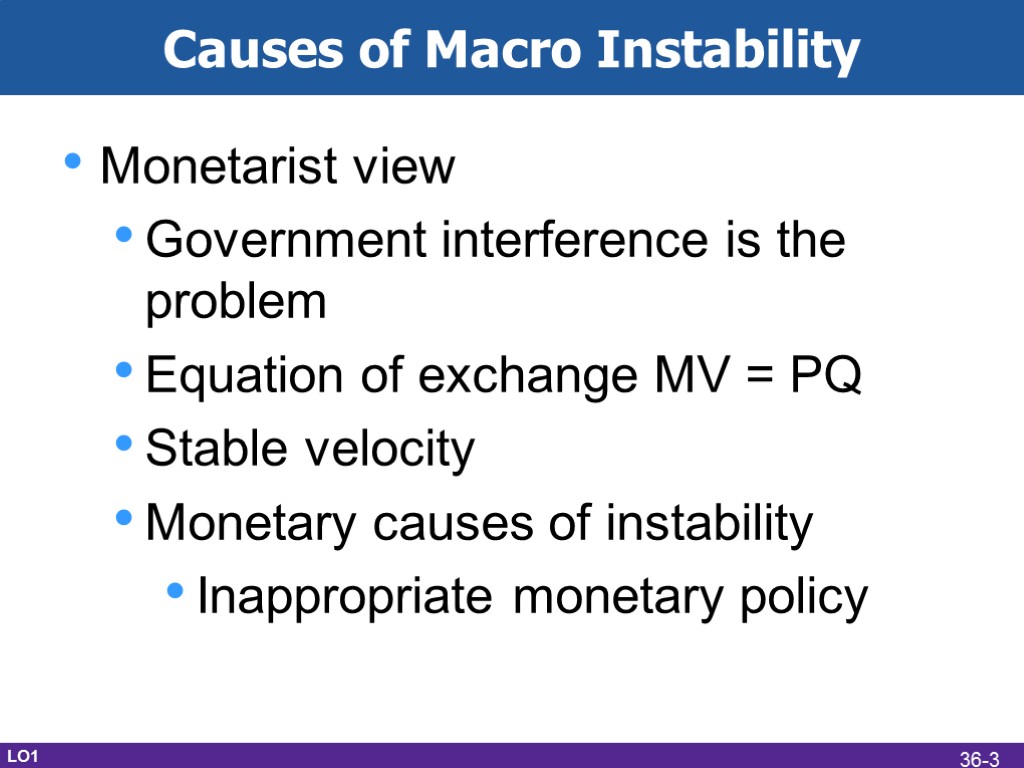 Causes of Macro Instability Monetarist view Government interference is the problem Equation of exchange